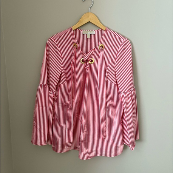 Michael Kors Red and White Bell Sleeve Blouse with Tie Front size Medium - Picture 4 of 5